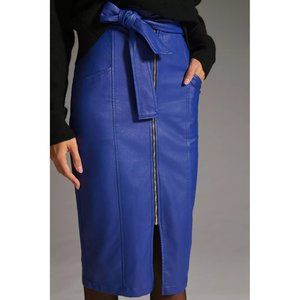 Anthropologie Eva Franco Faux Leather Blue Midi Pencil Skirt with Front Zipper